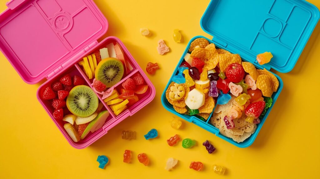 Bunte Lunchboxen mit Snacks und Früchten.