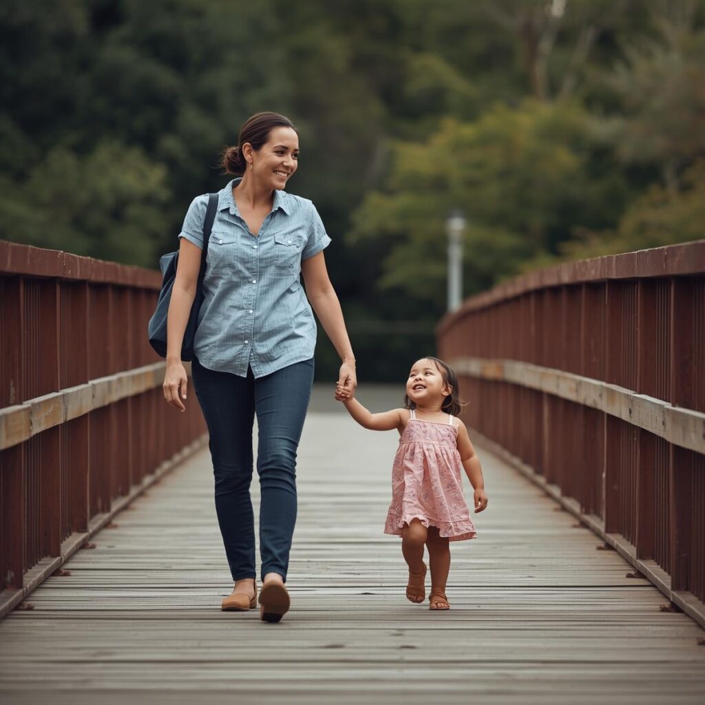 Mutter und Kind gehen glücklich spazieren.
