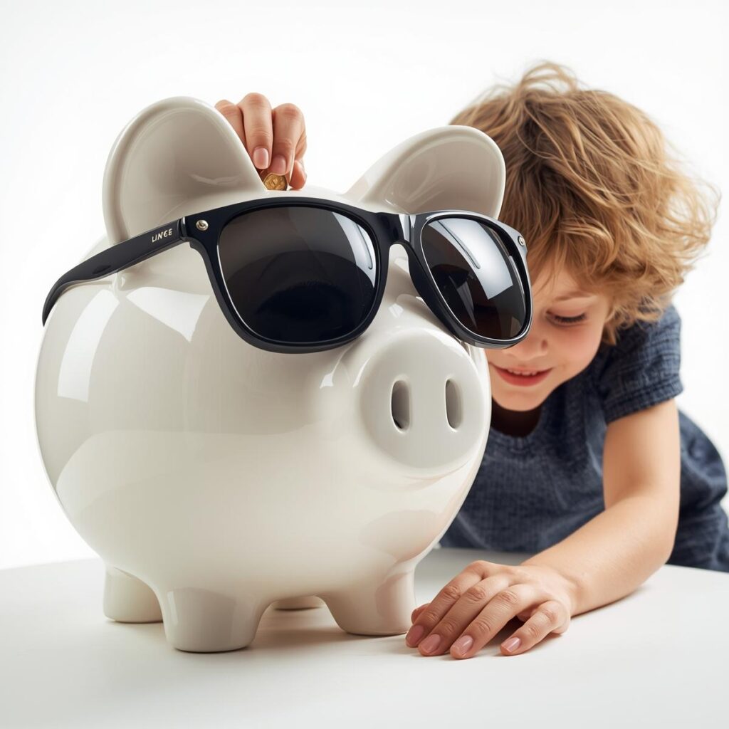 Kind mit Sparschwein und Sonnenbrille.