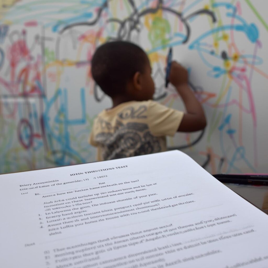 Testbogen mit Fragen, während ein Kind im Hintergrund mit Stiften auf die Wände malt. Kind malt an die Wand mit Stiften.