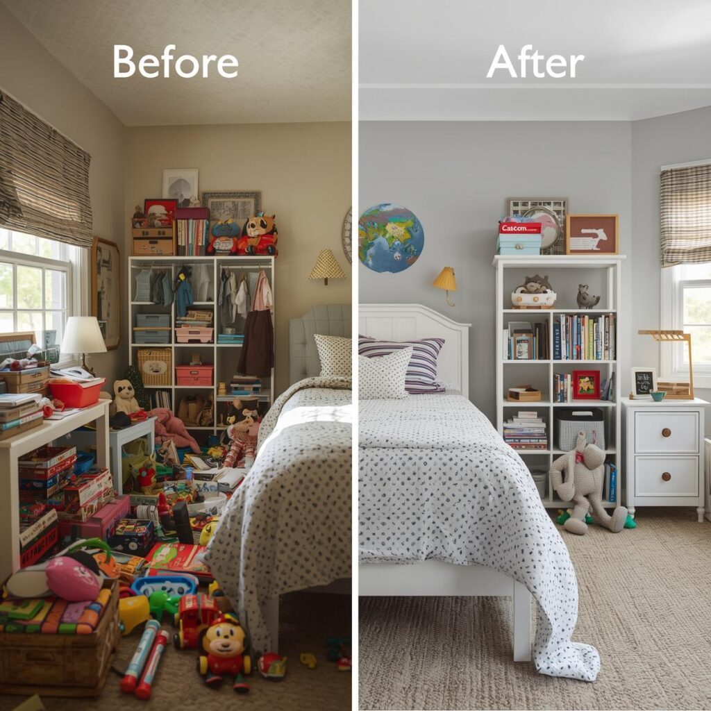 Vorher_Nachher_ Chaotisches Zimmer voller Spielsachen vs. aufgeräumtes, ruhiges Zimmer mit Bett im Fokus. Unordentliches Zimmer vs. aufgeräumtes Zimmer