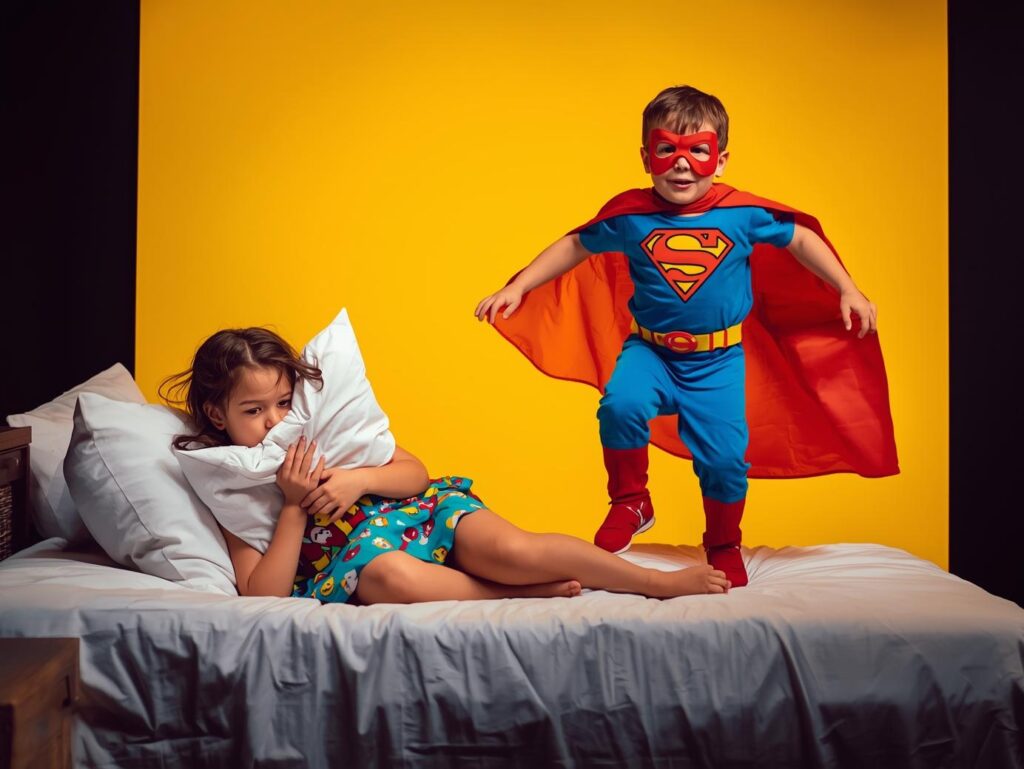 Zwei Kinder im Zimmer wie auf einer Bühne.__Schwester im Bett, total genervt mit Kissen über dem Kopf.__Bruder im Superhelden-Kostüm, springt auf dem Bett. Bruder springt, Schwester ist genervt.