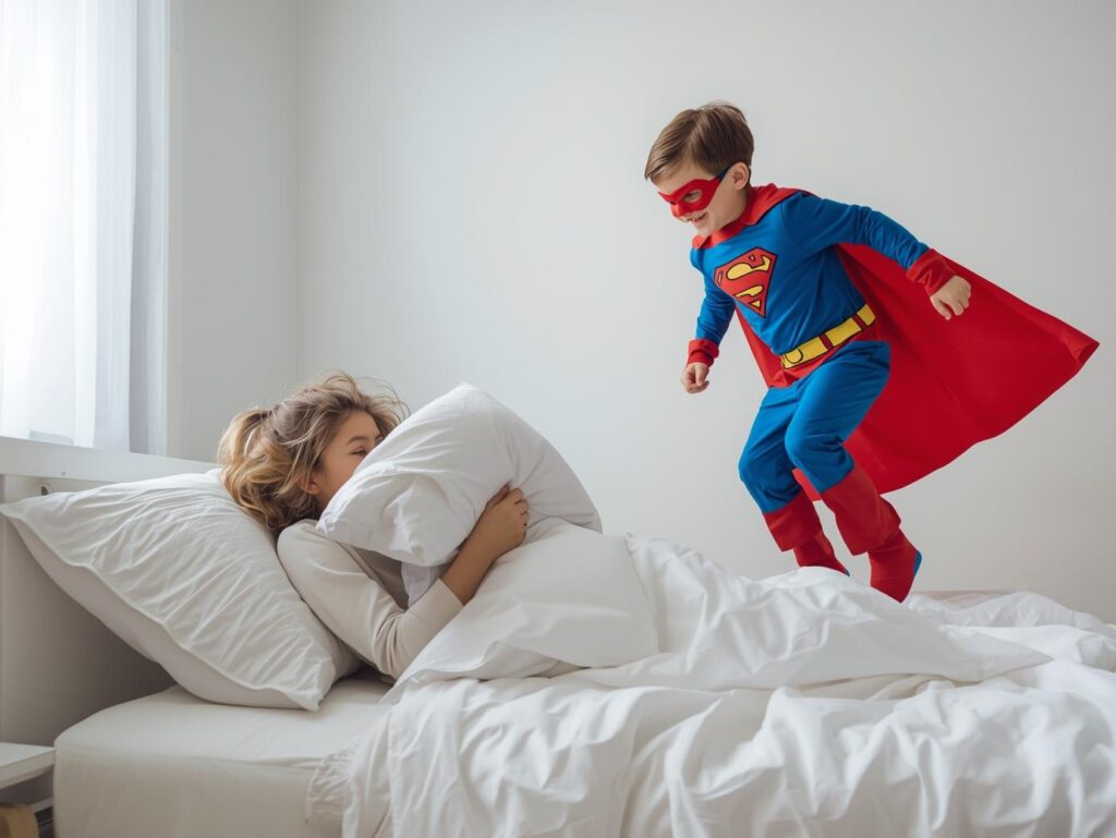 Bruder springt, Schwester ist genervt.