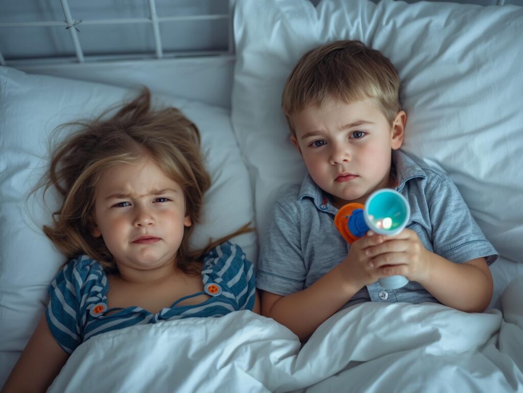 Schlafprobleme zwischen Geschwister. Bruder spielt, Schwester schläft genervt.