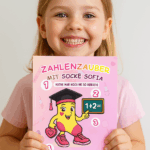 Kind zeigt Zahlenzauber mit Socke Sofia Motiv