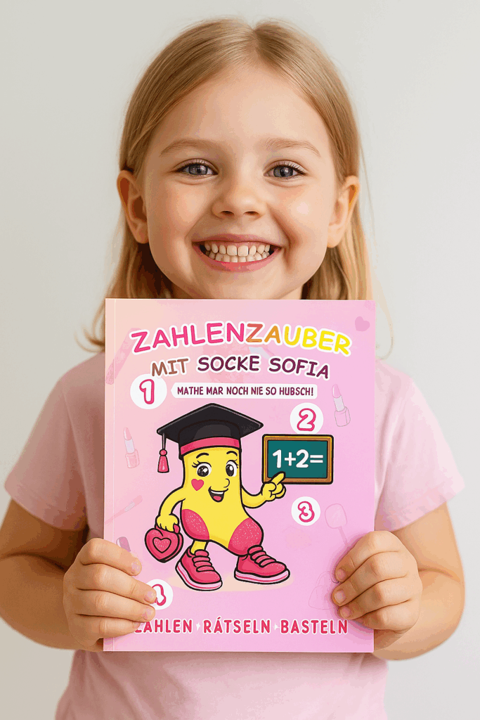 Kind zeigt Zahlenzauber mit Socke Sofia Motiv