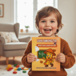 Kind hält ausgedrucktes Zahlenmonster Lernbuch in den Händen