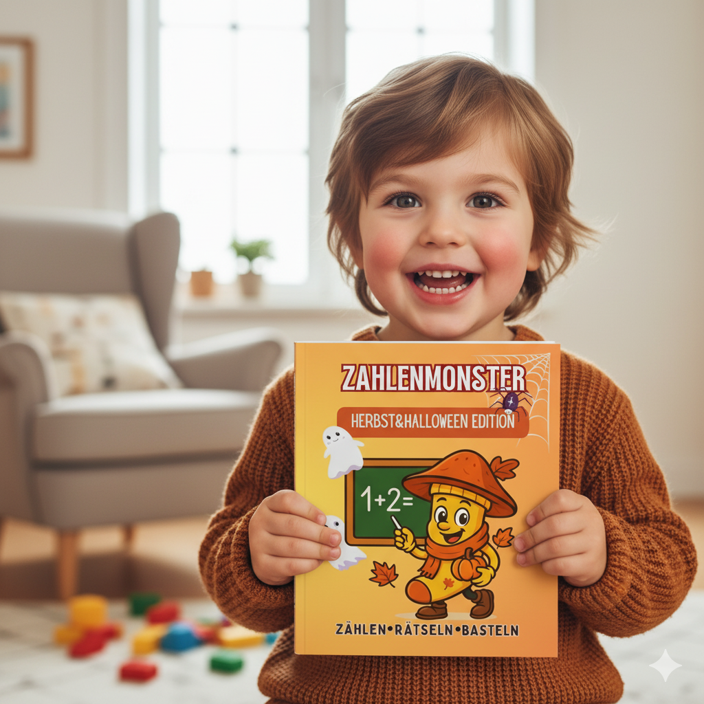 Kind hält ausgedrucktes Zahlenmonster Lernbuch in den Händen