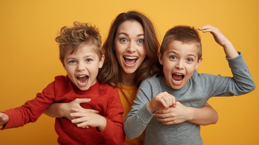 Mutter mit zwei lebhaften Kindern. Ratgeber für Eltern