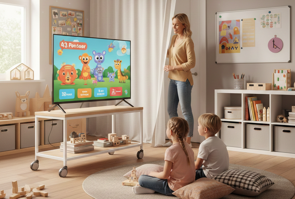 Kinder schauen Fernseher im Zimmer.