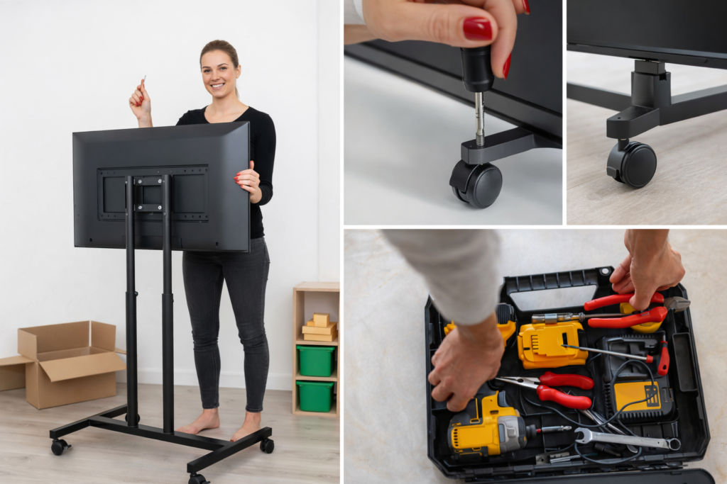 Frau montiert TV-Halterung mit Werkzeugen.