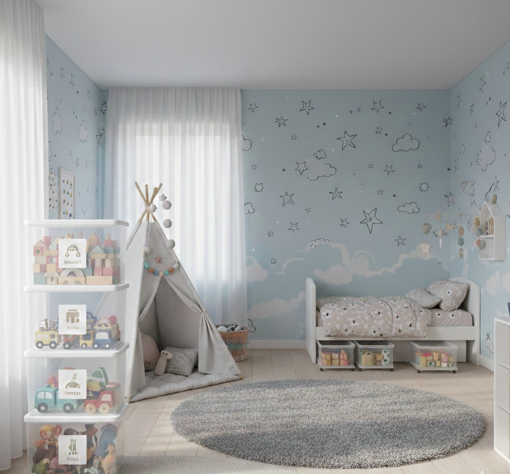 Helles Kinderzimmer mit Spielzeug und Zelt.