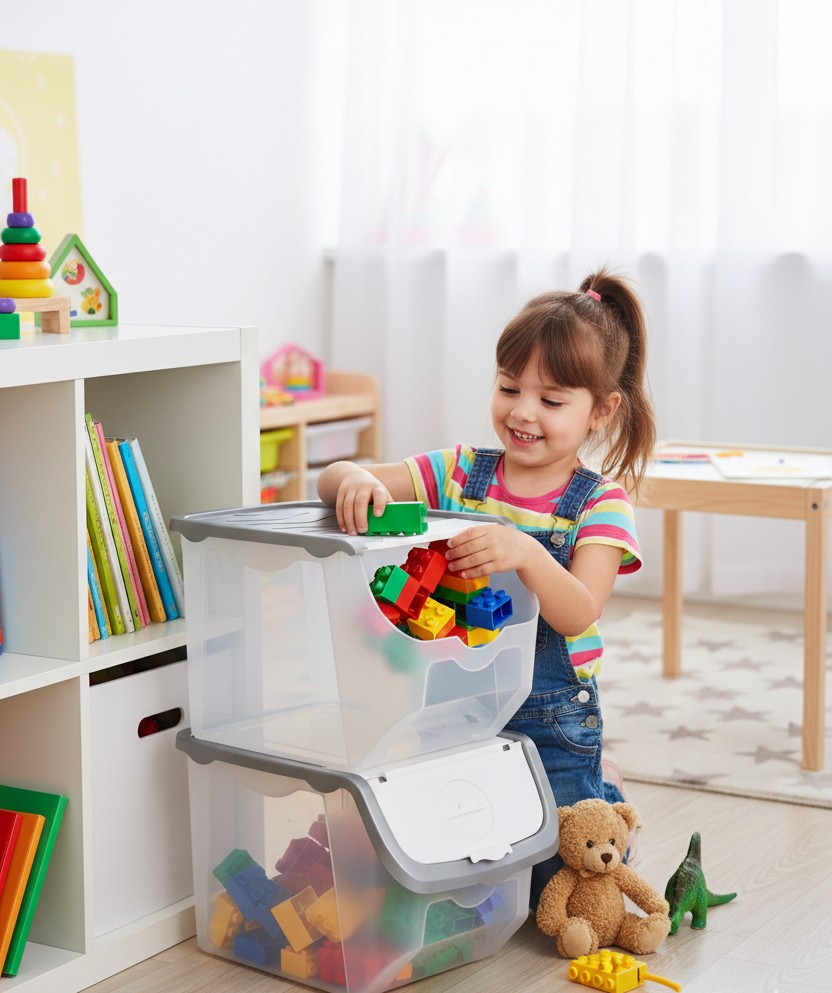 Mädchen spielt mit bunten Bausteinen